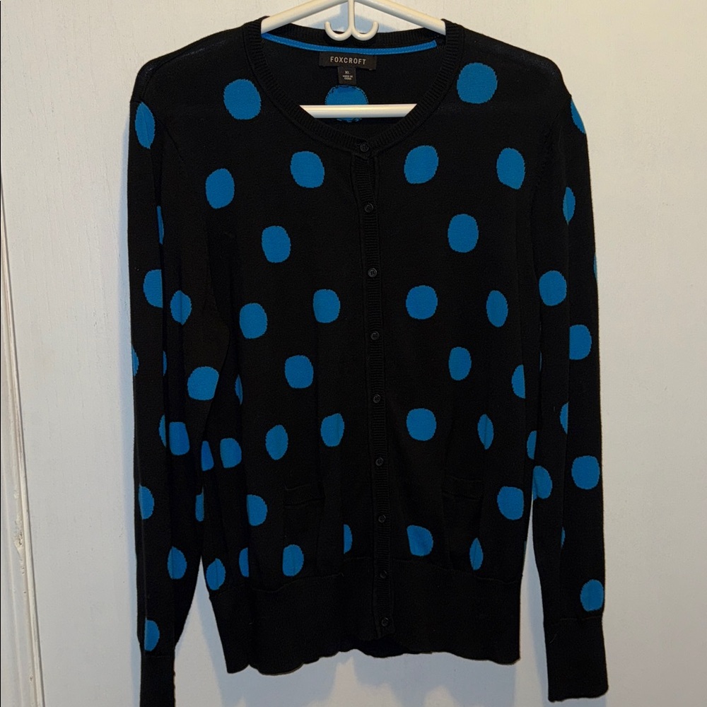 FOXCROFT Black/Blue Polka Dot Button Up Cardigan 💯 Cotton Size XL EUC